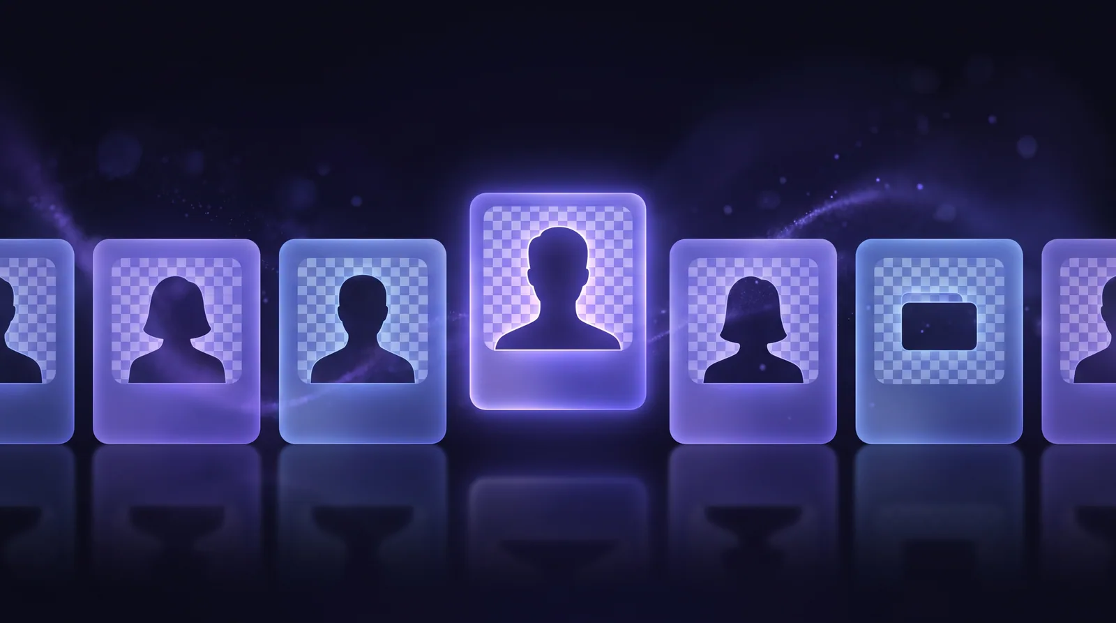Several photo subjects lined up in a row, each lifting away from its backdrop into a glowing indigo transparency grid.