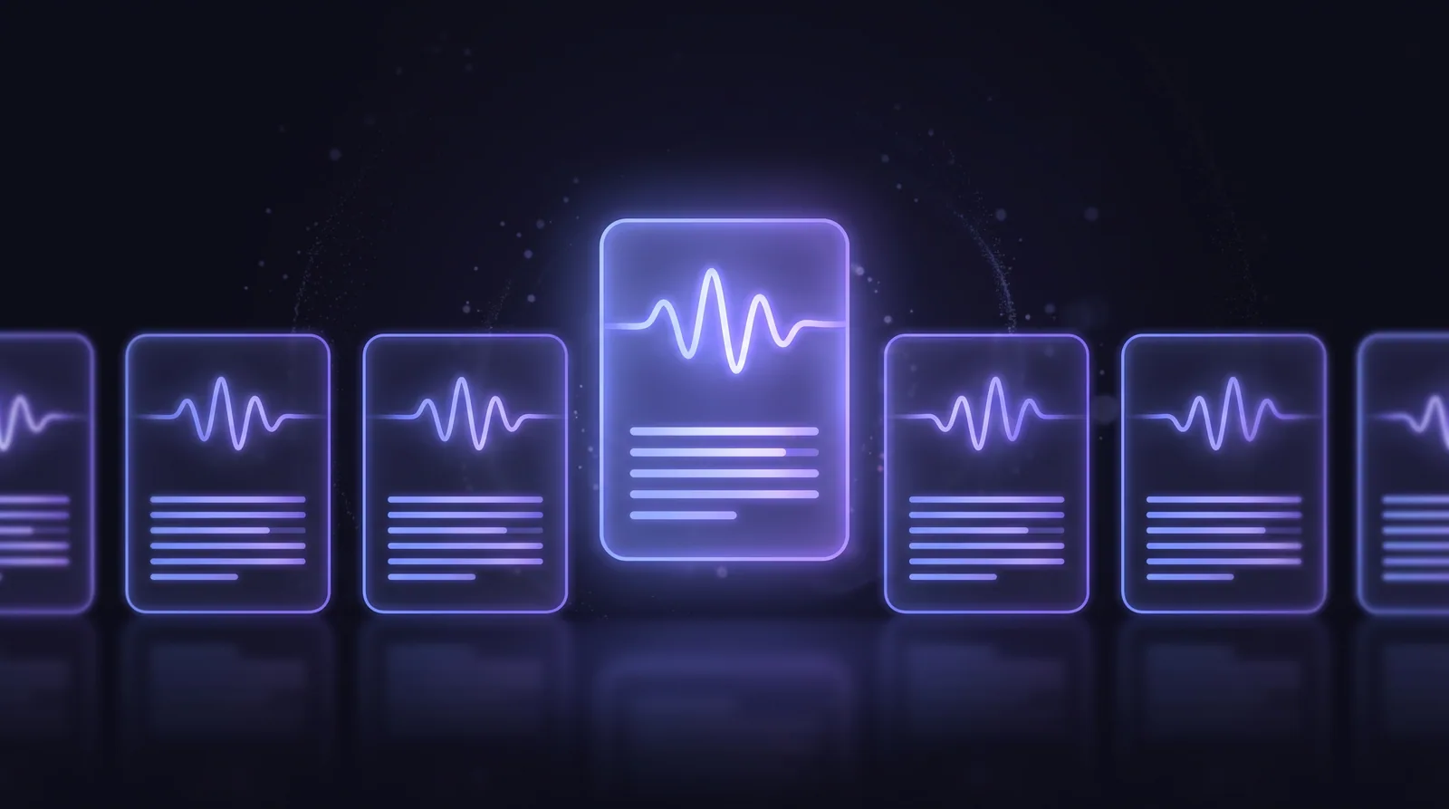 Several audio waveforms resolving into columns of clean text on a dark indigo backdrop, suggesting a lineup of transcription tools compared.
