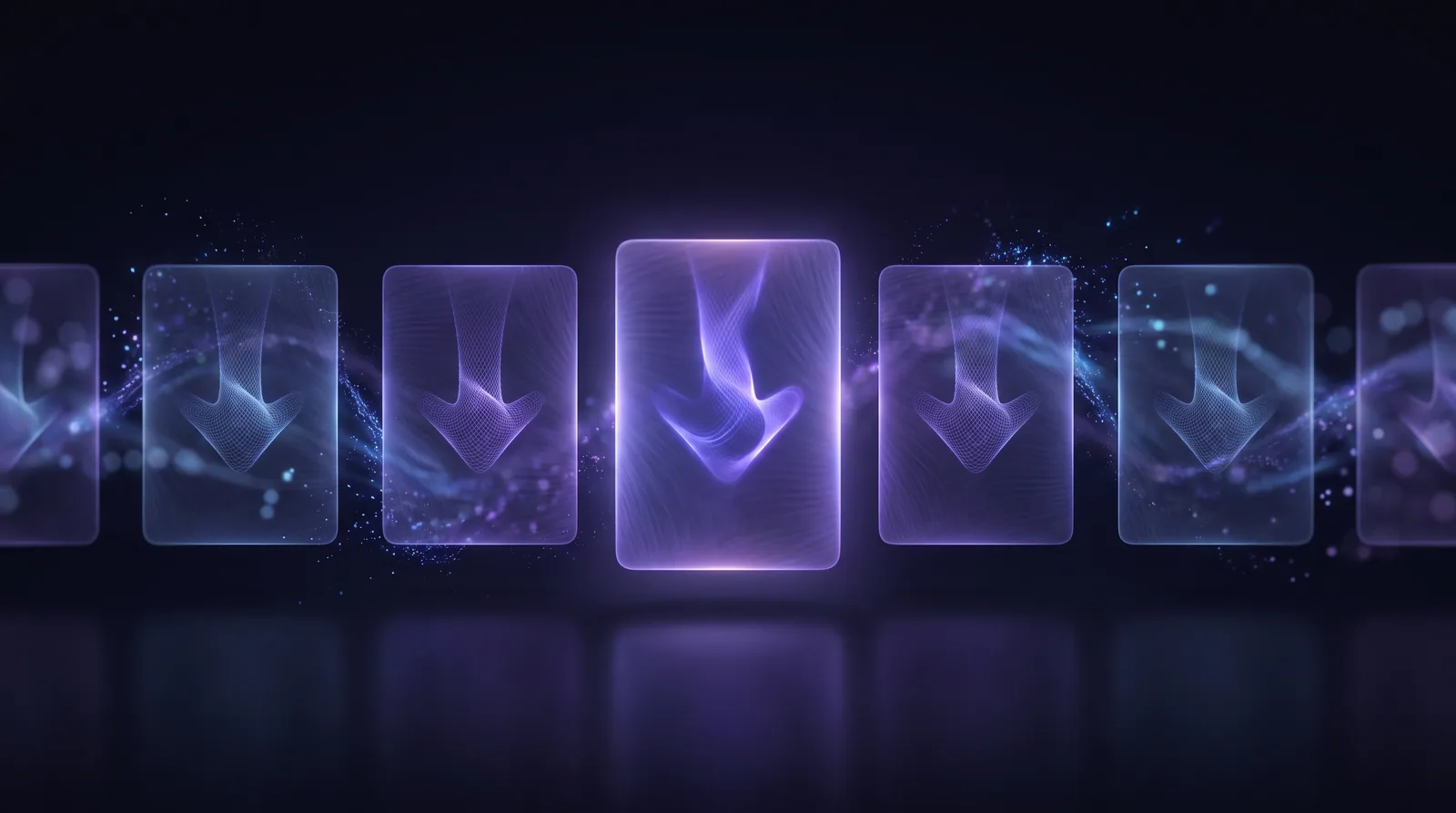 A tidy row of five glowing tool icons on a dark desktop, one softly highlighted, lit in indigo and violet — a fair lineup of downloaders.