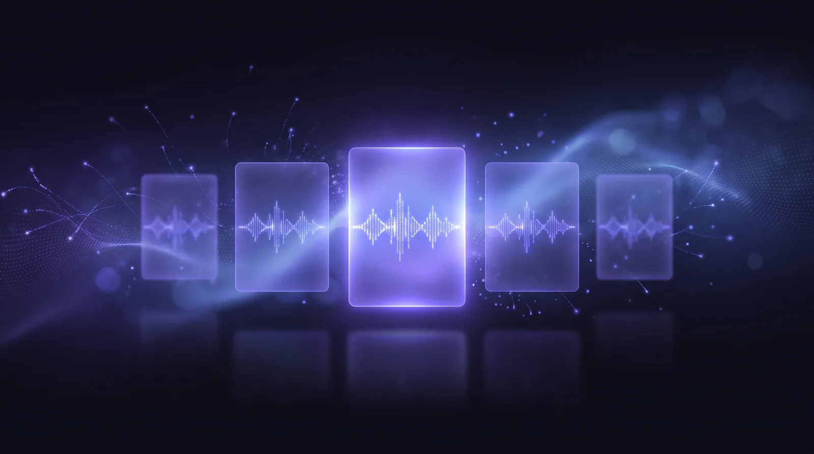 Several abstract app cards floating above a dark indigo surface, one glowing brighter with a clean audio waveform running through it.