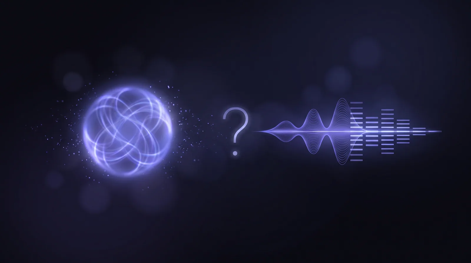 A chat bubble meeting an audio waveform, with a clean transcript resolving beside it on a dark indigo backdrop.