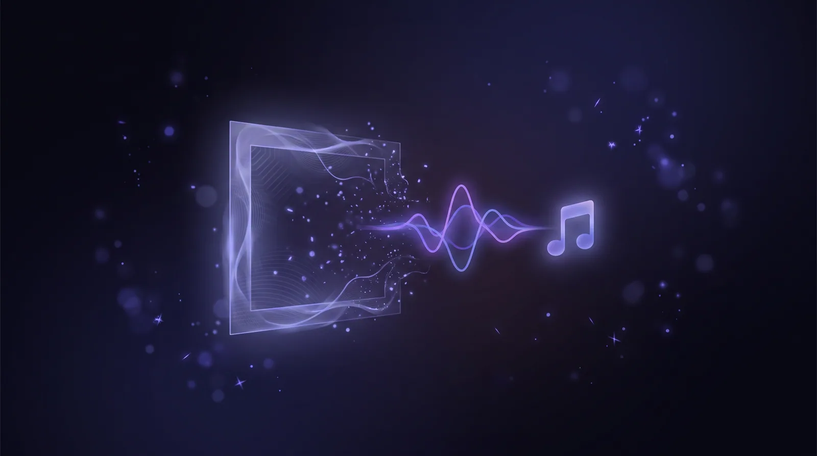 A glowing red video frame dissolving into a clean indigo audio waveform labelled by an abstract MP3 file card.
