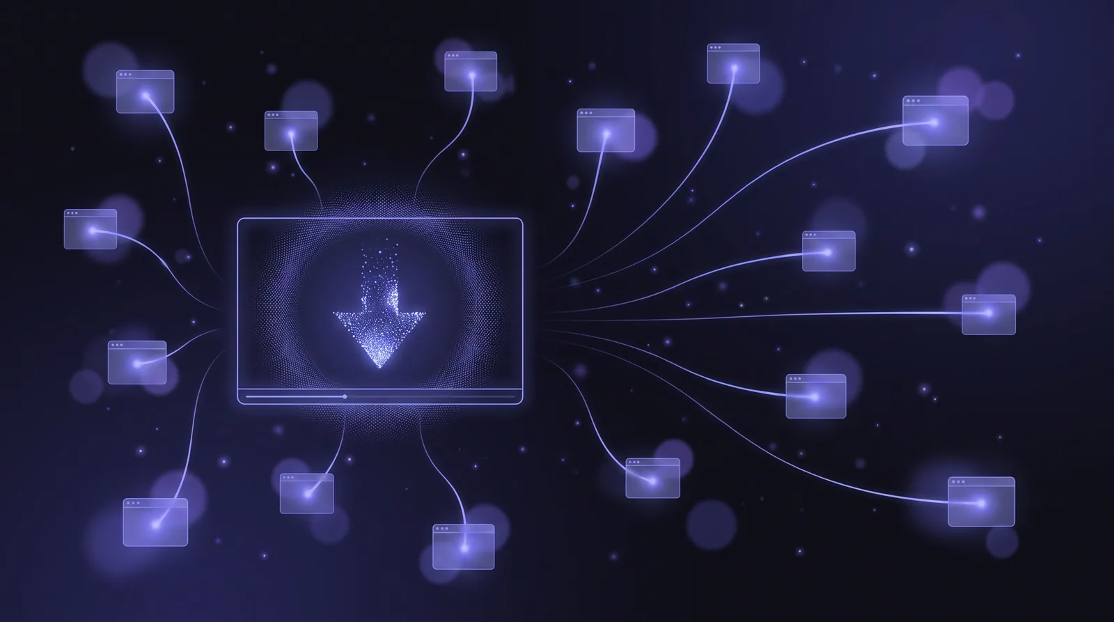 Many faint browser windows converging into one clean glowing video file on a dark desktop, lit in soft indigo — one tool pulling video from everywhere.