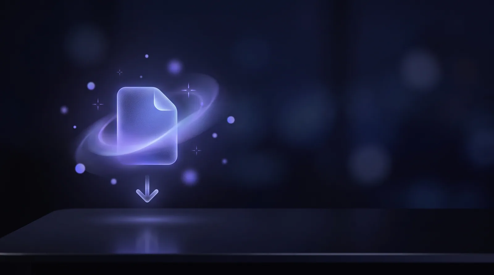 A single clean video frame lifting out of a minimalist player and settling as a saved file on a dark desktop, lit in soft indigo and violet.