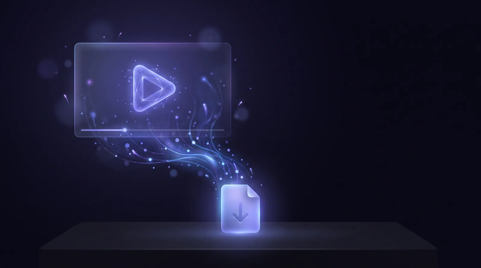 A glowing video frame lifting cleanly out of a browser window and resolving into a saved file on a dark, elegant desktop, in soft indigo light.
