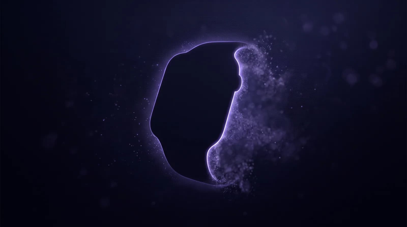 A photo subject separating from its backdrop, the removed background dissolving into a glowing indigo transparency grid.