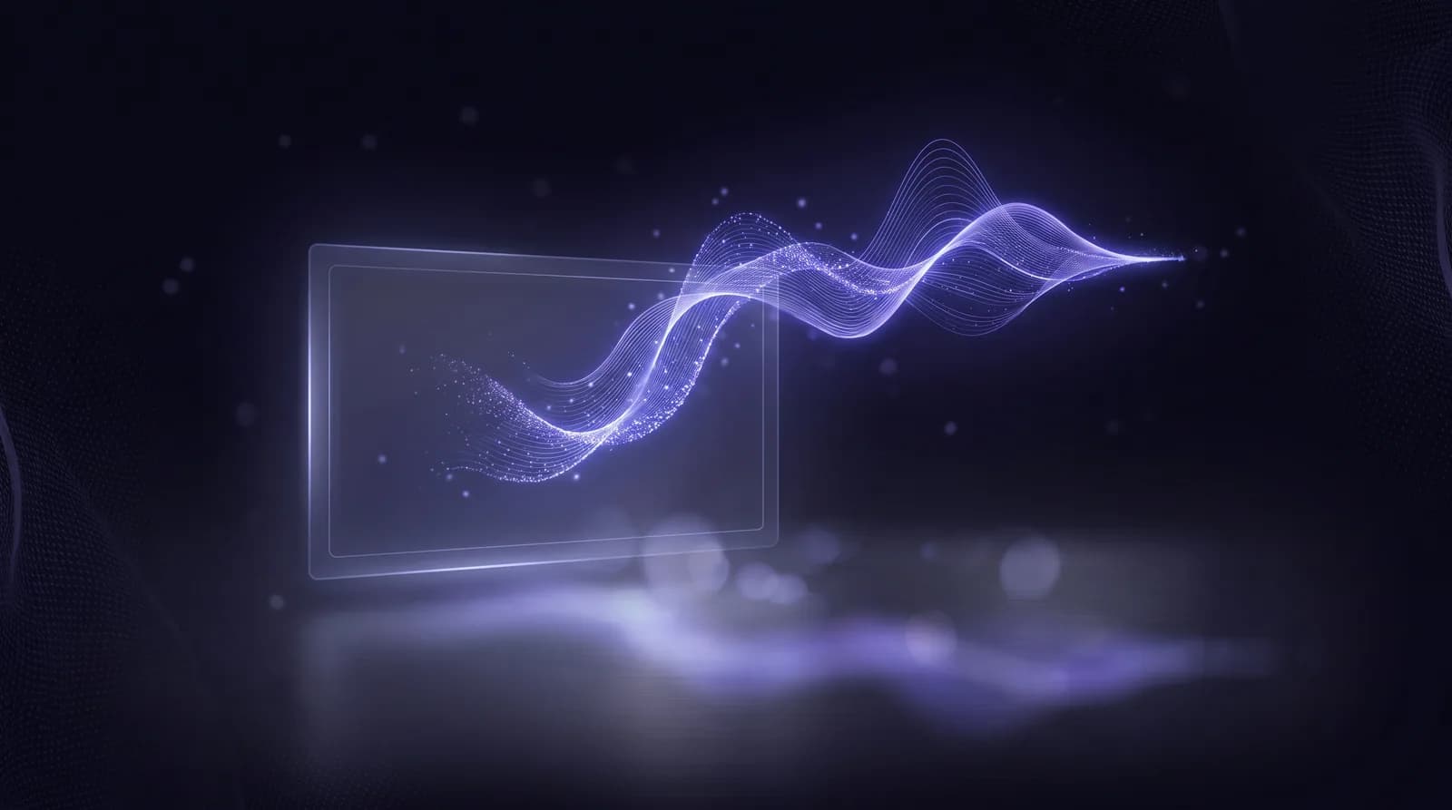 A video's soundtrack lifting out of a faint video frame and resolving into a glowing indigo audio waveform.