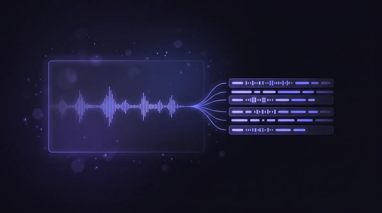 A glowing video frame with its soundtrack lifting out as a waveform and resolving into timestamped caption lines on a dark indigo background.