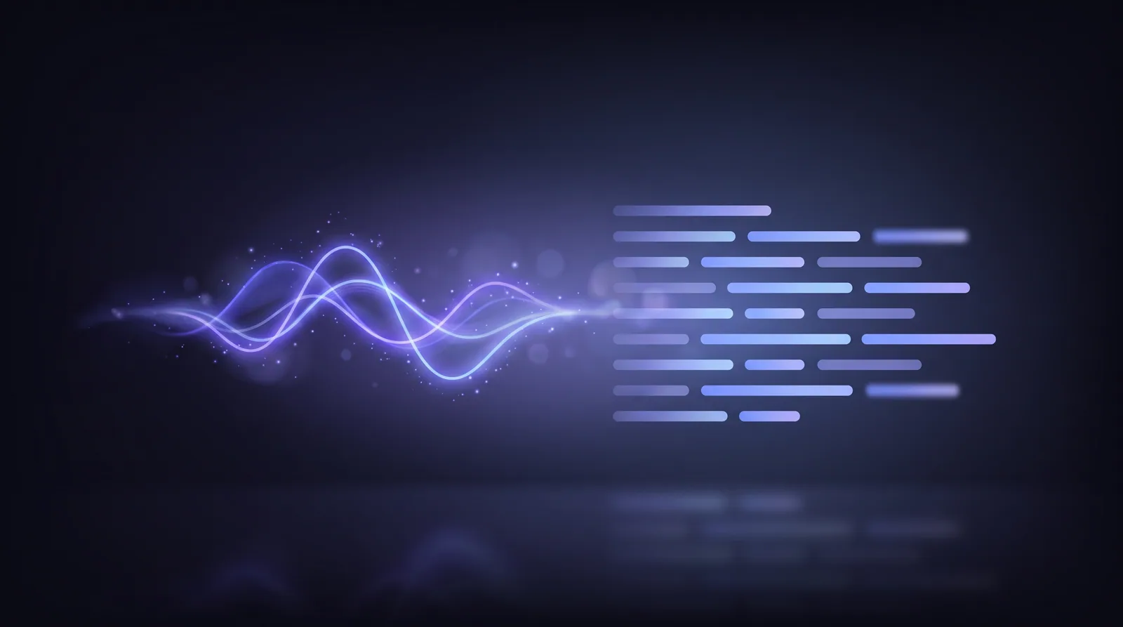 A glowing indigo audio waveform resolving cleanly into flowing lines of transcribed text against a dark background.