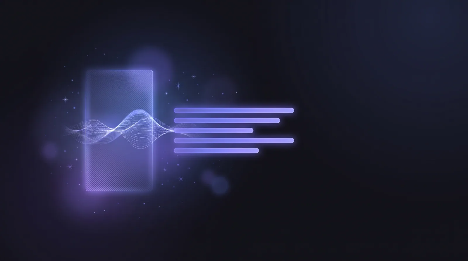 A vertical social-video frame with its audio lifting out as a waveform and resolving into caption text, lit with soft indigo light on a dark background.