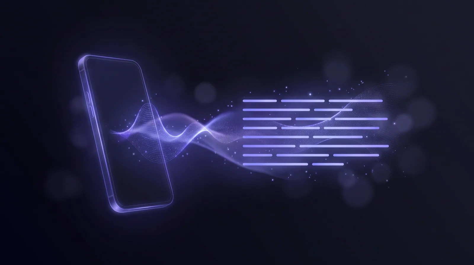 A phone voice-memo waveform lifting off a dark surface and resolving into clean lines of text, lit with soft indigo light.