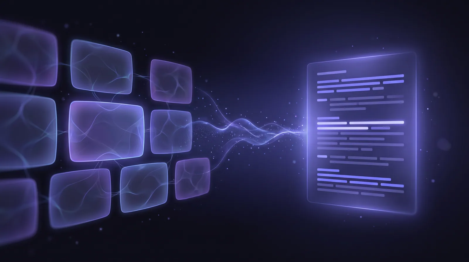 A video-call frame dissolving into a clean column of timestamped text on a dark indigo backdrop, suggesting a private local transcript.