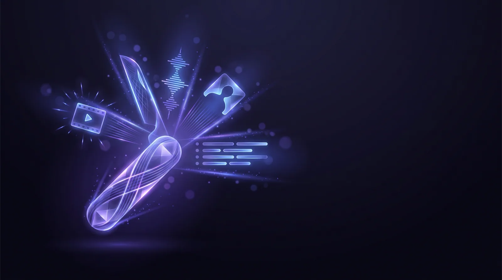 An abstract swiss-army knife made of light, its blades reimagined as content-creation glyphs — a video frame, an audio waveform, an image cutout, and lines of text.