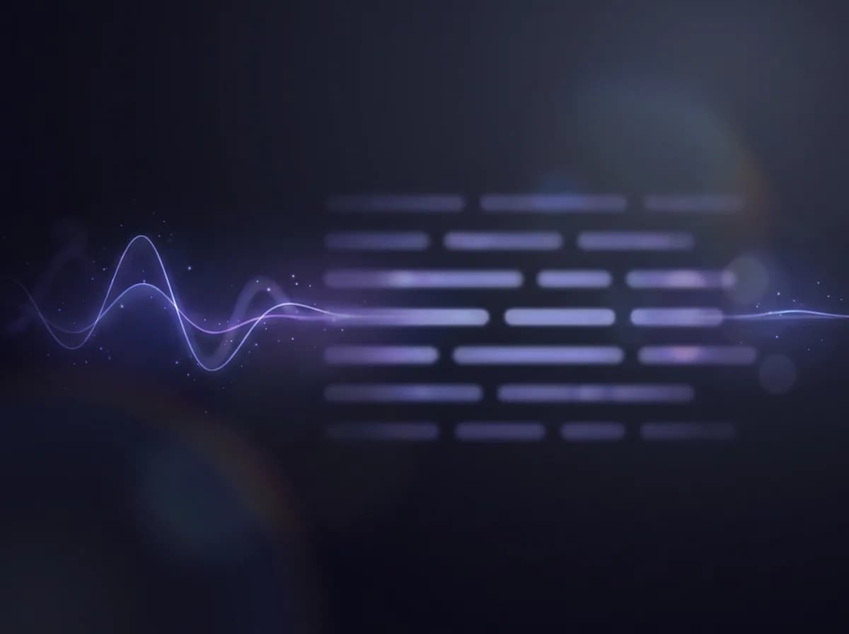 Illustration of the Transcriber: audio waveforms resolving into neat rows of transcript.