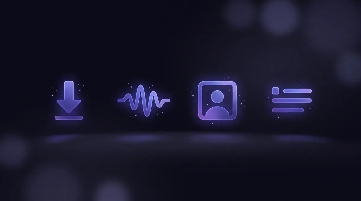 A lean, tidy toolkit: four glowing tool-glyphs in a row — download, waveform, image cutout, and captions — a minimal all-in-one workspace.